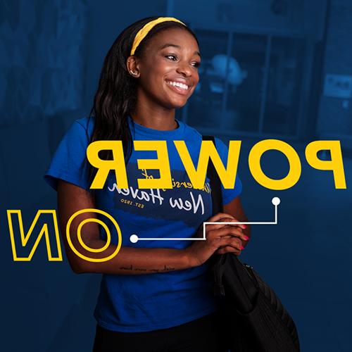 Power On graphic over a smiling student on a dark blue background.